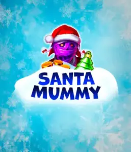  Discover the quirky "Santa Mummy" slot game by Belatra, showcasing a Santa-clad mummy decked out in festive holiday attire. This vibrant image captures the mummy with a bright purple hue, wearing a Santa hat, amid snowy blue and frosty snowflakes. The game's title, "Santa Mummy," is prominently displayed in large, cool blue letters.