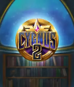 Experience the magical artwork of ELK Studios' Cygnus 2 Slot, featuring a stunning emblem with a shining purple and gold design. With a backdrop of a celestial library setting, this graphic evokes the theme of adventure and mystery. 